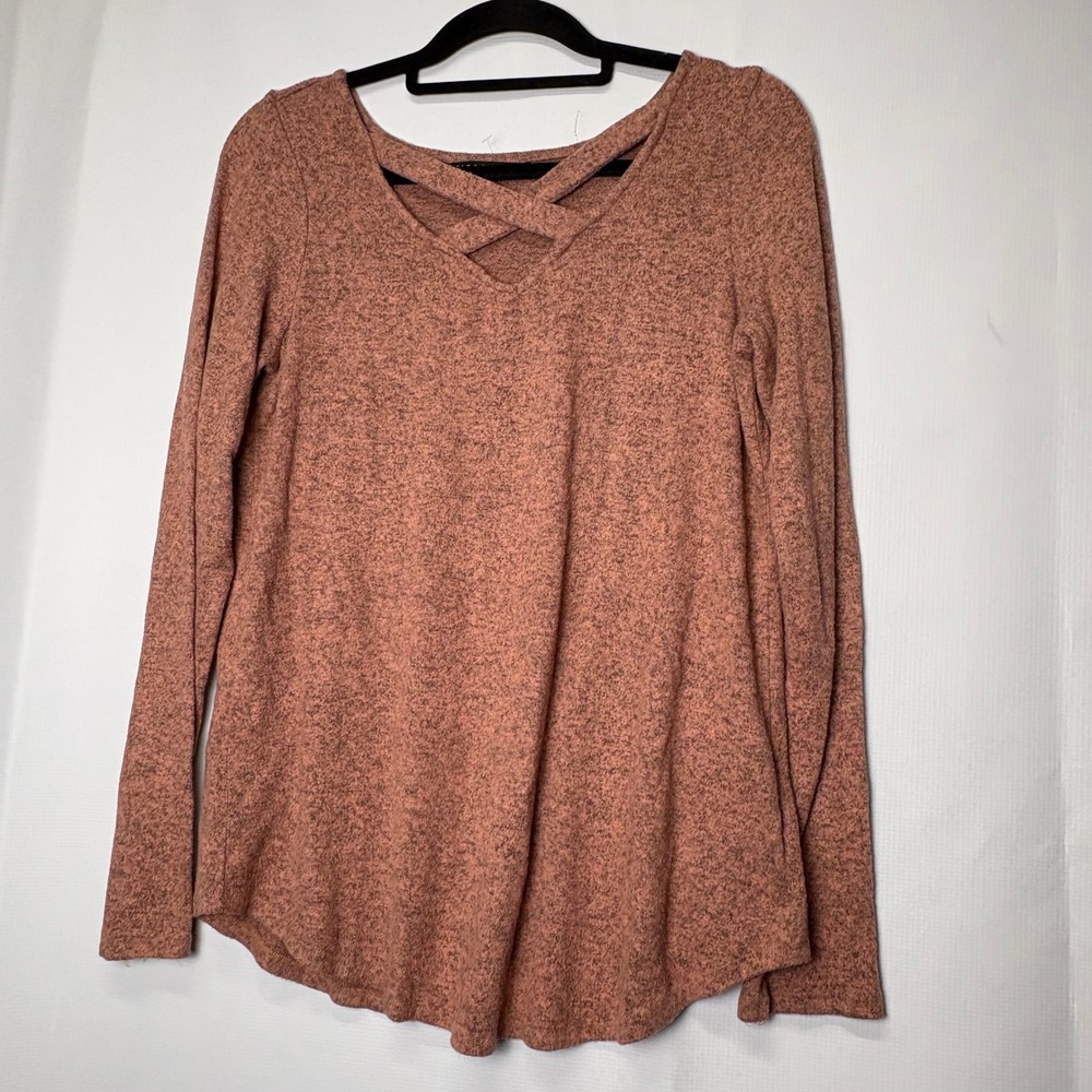 Zac & Rachel‎ Women's Long Sleeve Criss Cross V Neck Tunic Top Soft Heather Pink